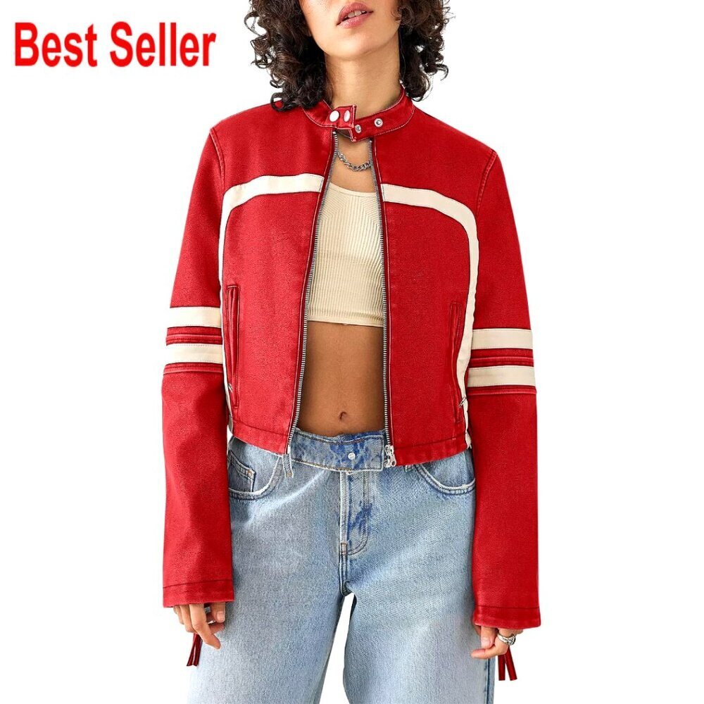 Faux Leather Cropped Motocross Jacket with Zip Up Stand Collar